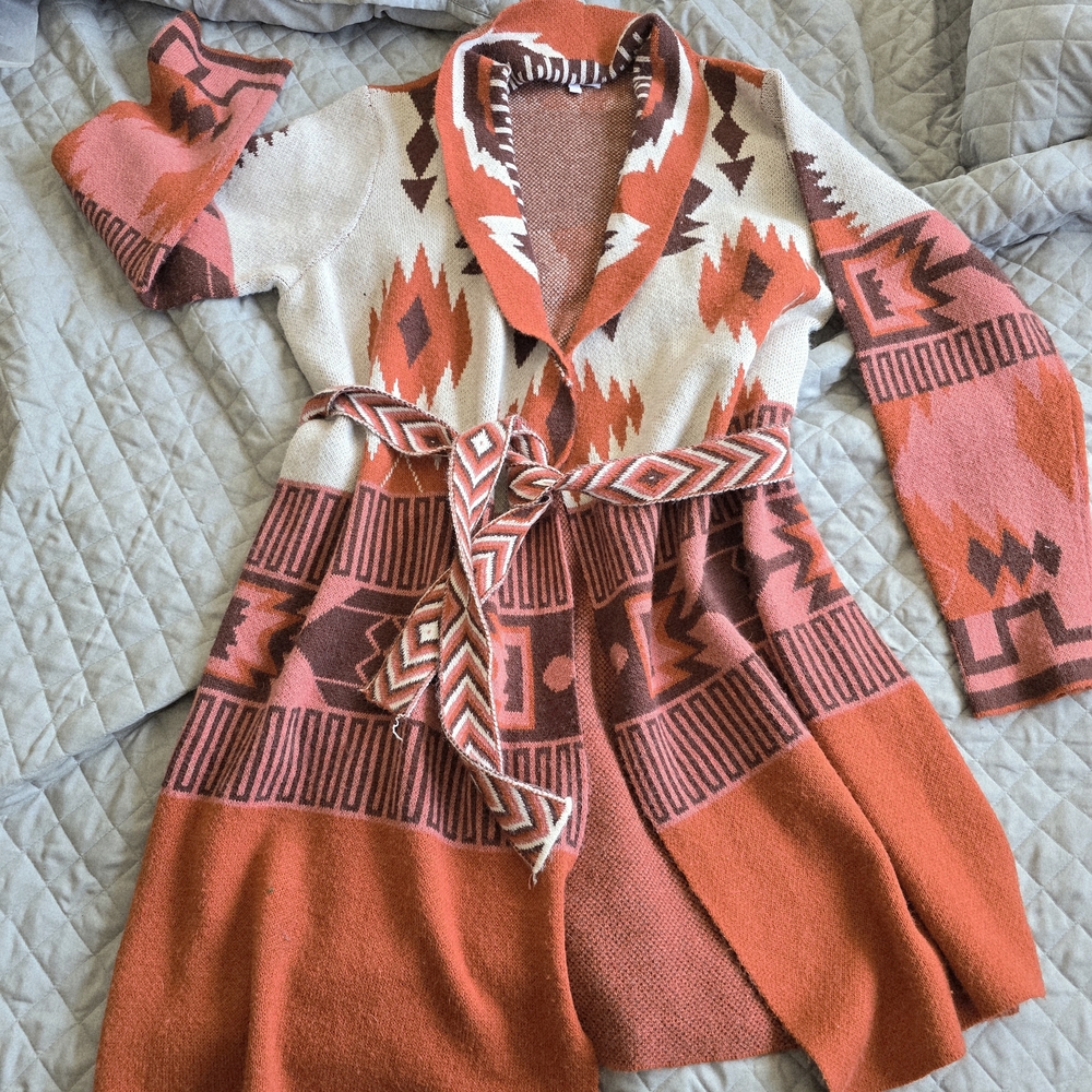 Shyanne Long Southwestern Printed Belted Sweater